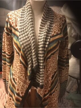 Belle Du Jour Tan, Brown & Teal Patterned Shawl-Front Cardigan